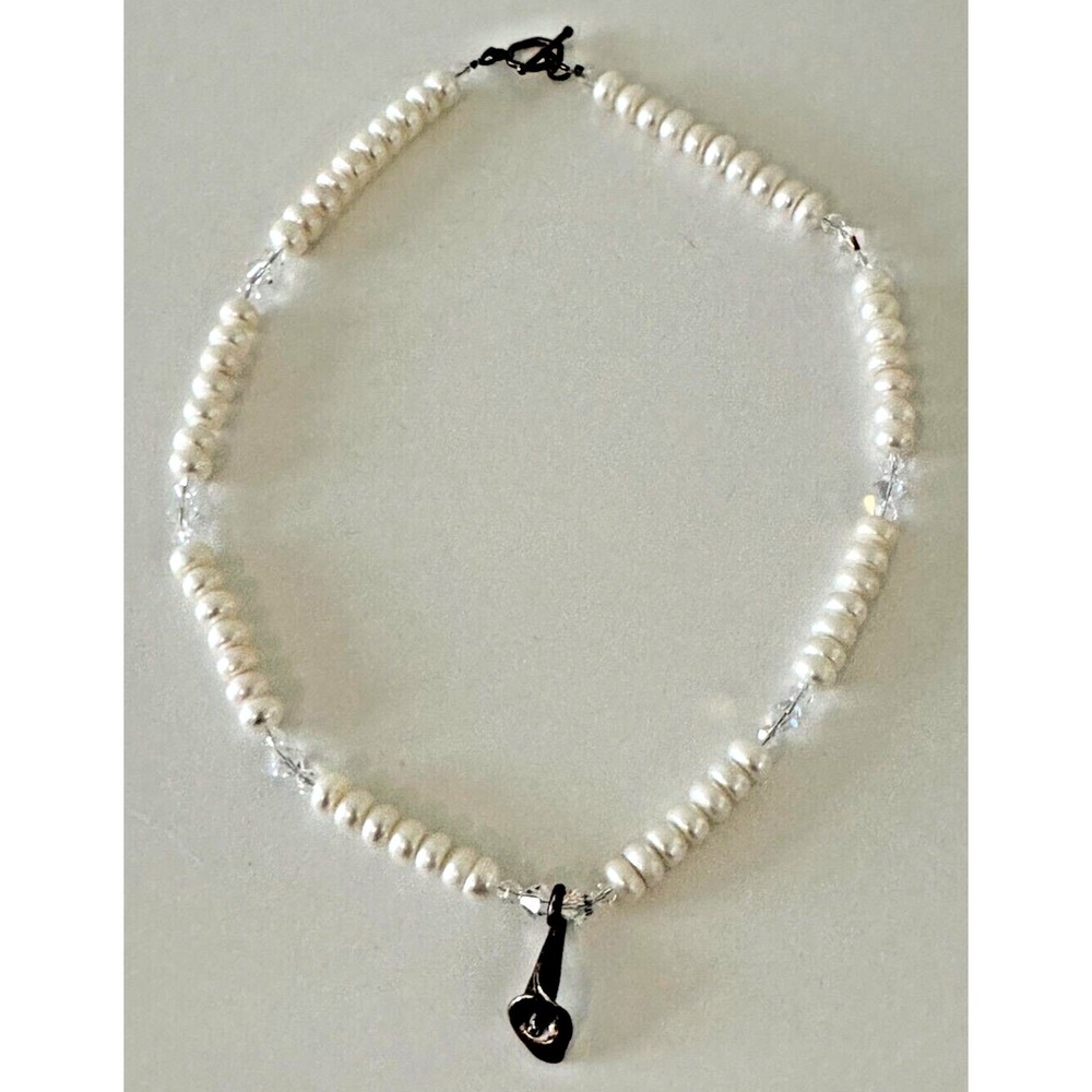 Lety‎ G Genuine Pearl Necklace Sterling Silver Calla Lilly Pendant  AB Crystals